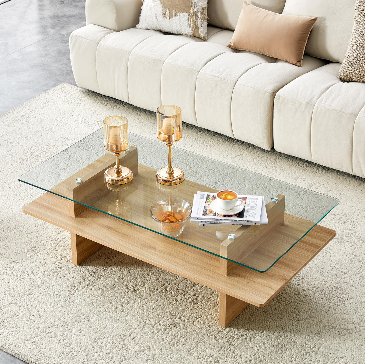 COUCHTISCH 115/55/40 mit Glasplatte, MDF-Ablage und stabilem Rahmen, Holzfarben - Naturfarben, Holzwerkstoff (115/55/40cm) - Redom