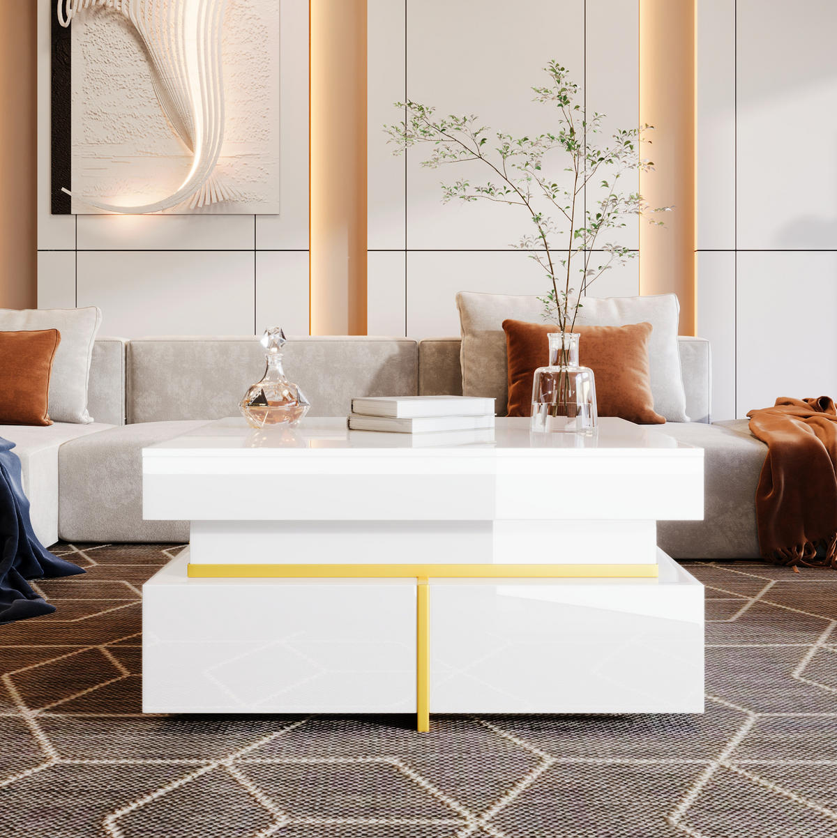 COUCHTISCH aus Spanplatte 70x70x35,5 cm Weiß Hochglanz mit 2 Schubladen und goldfarbenen Akzenten - Weiß, Holzwerkstoff (70/70/35.5cm) - IVMEU