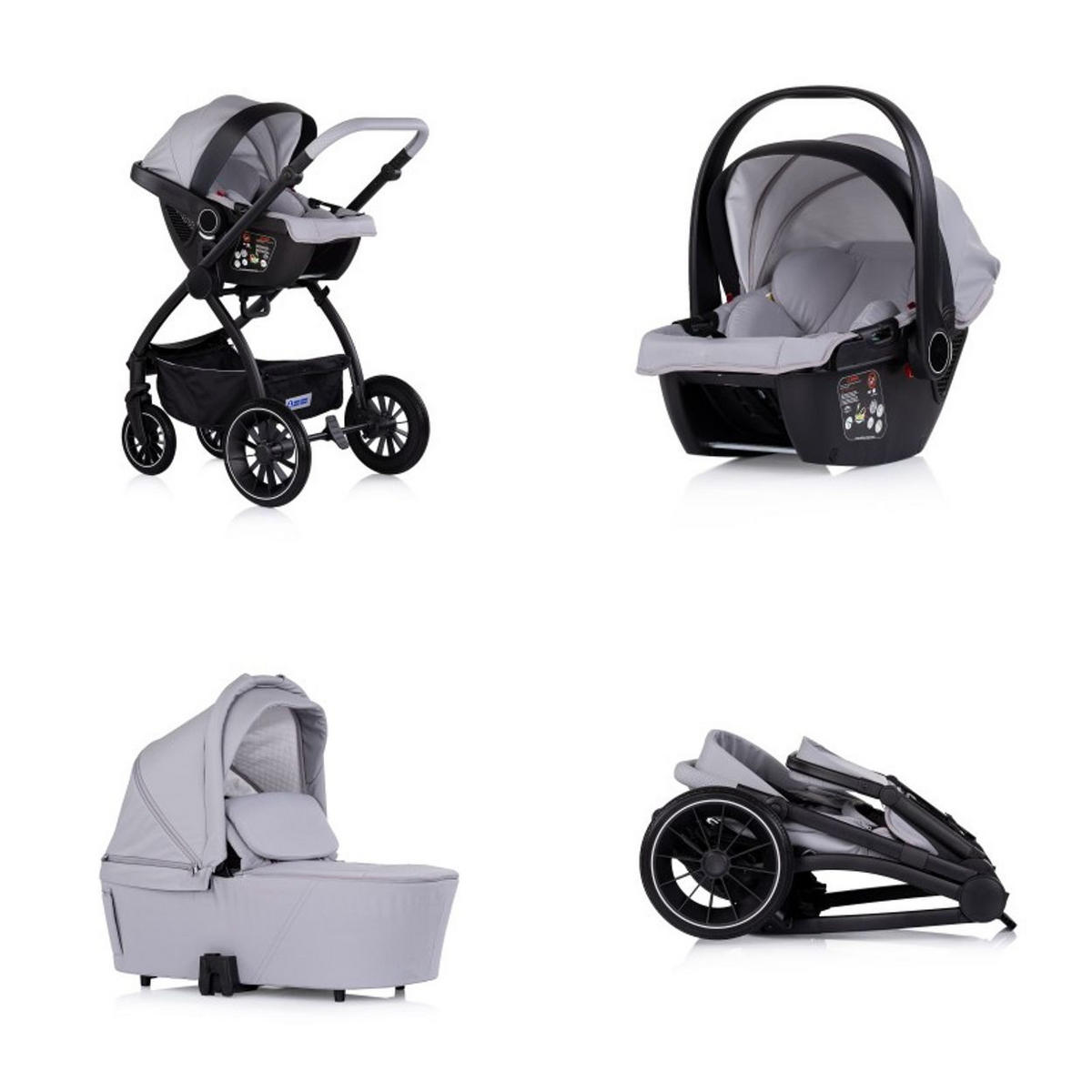 KOMBIKINDERWAGEN Prestige 3 in 1 hellgrau Babywanne Rucksack i-Size Babyschale - Schwarz, Metall (85/59/123cm) - Chipolino