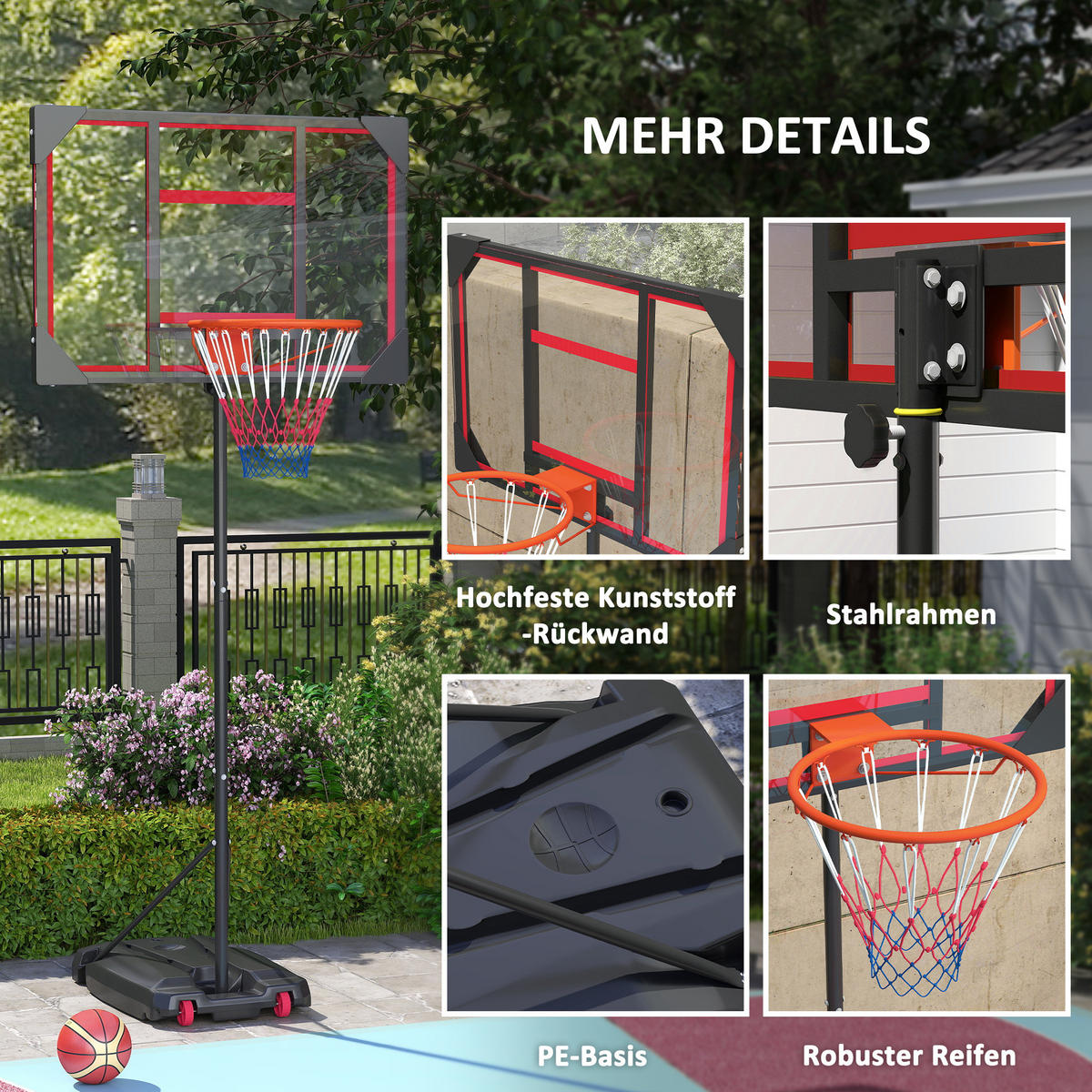 KINDER BASKETBALLKORB, Rot, Kunststoff, Stahl - Rot, Kunststoff (2/83cm) - AIYAPLAY