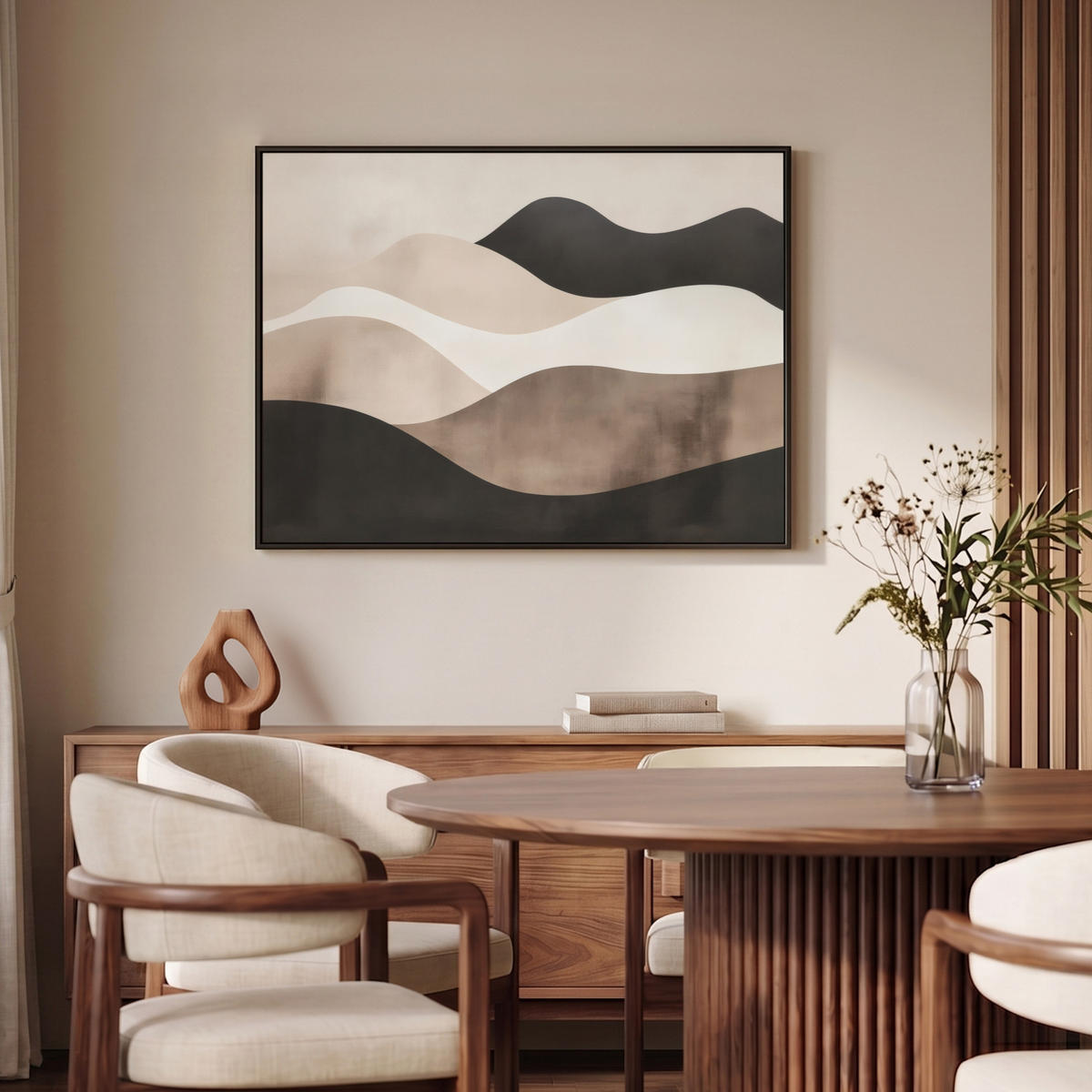 LEINWAND Bilder mit Rahmen - Abstrakt - Landschaft - Wellen - Cremefarben - 100x70 - Cappuccino, Textil (100/70cm) - MuchoWow