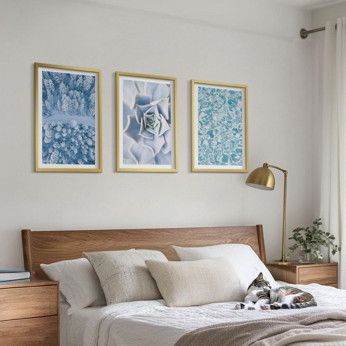 WANDBILDER 3er Set - 40x60 cm Goldrahmen - Winterwald blaue Blume Wasser - Goldfarben, Kunststoff (40/60cm) - ArtPrintCave
