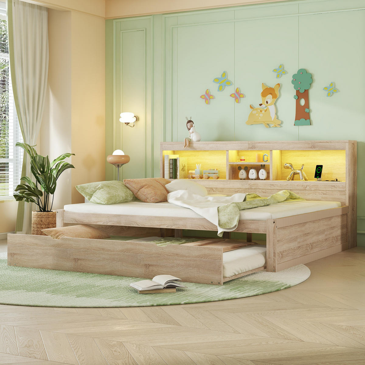 MULTIFUNKTIONSBETT 140/200 cm Natur mit Ambientebeleuchtung und USB-Anschlüssen - Naturfarben, Holzwerkstoff (140/200cm) - OKWISH