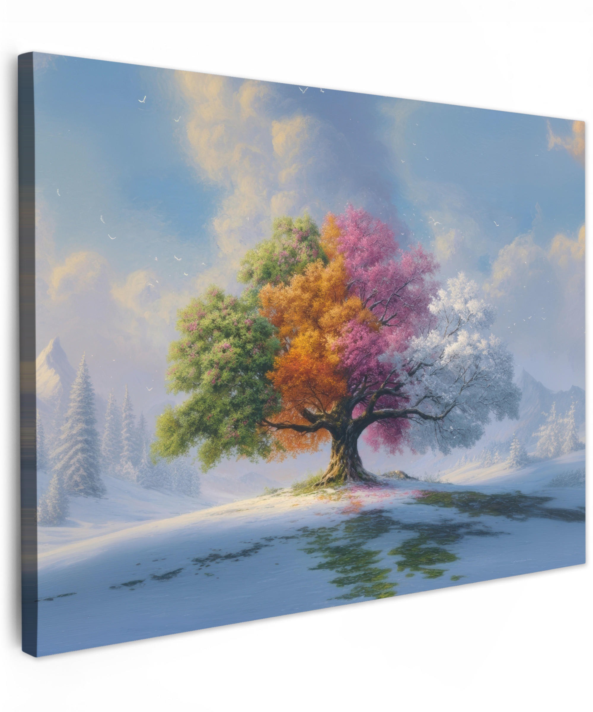 LEINWANDBILD Baum - Jahreszeiten - Winter - Landschaft Wandbilder 80x60 cm - Multicolor, Textil (80/60cm) - MuchoWow