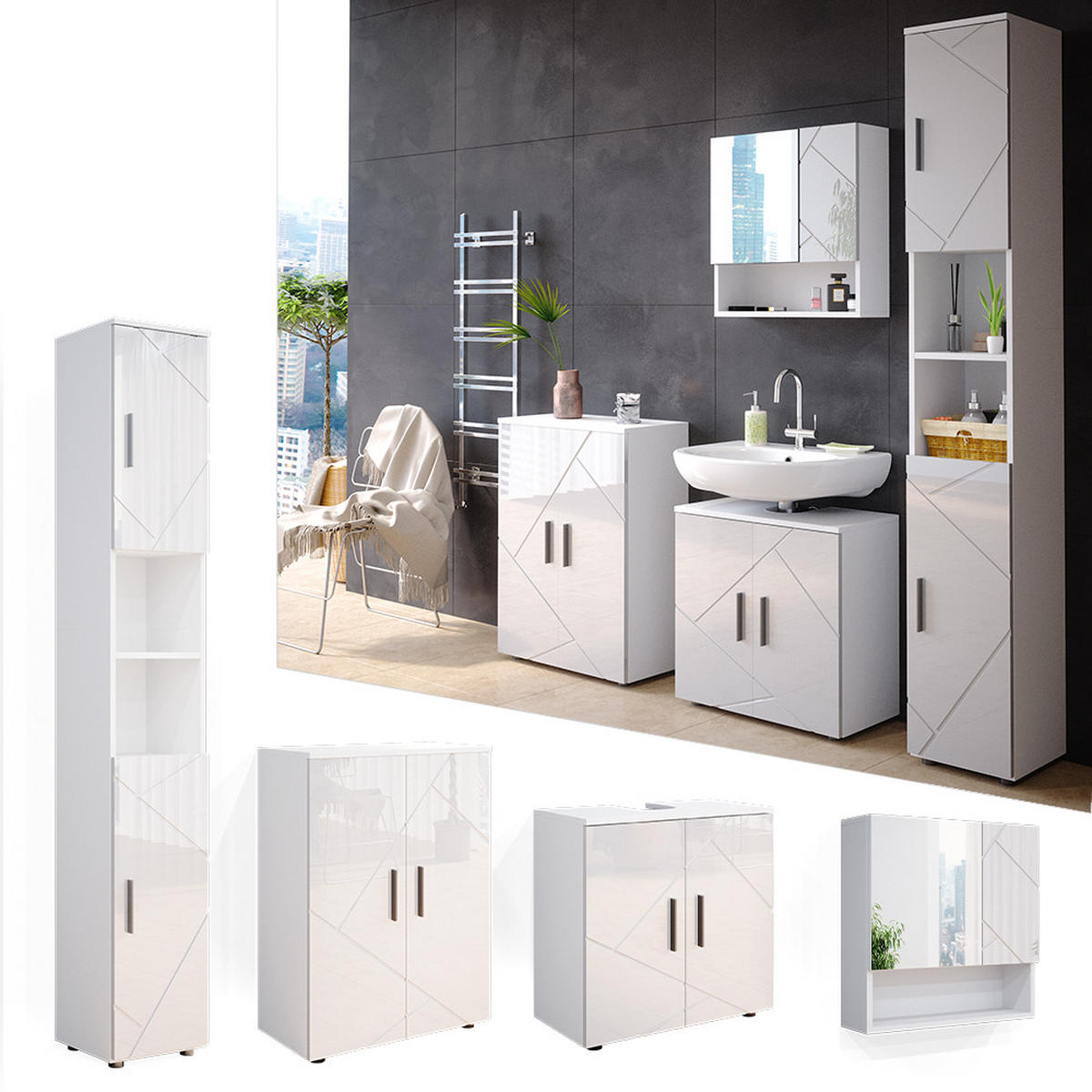 BADMÖBEL-SET Irma Weiß Hochglanz 4 Teile, mit Hochschrank und Kommode - Weiß Hochglanz/Weiß, Holzwerkstoff (80/58.6/41cm) - Vicco