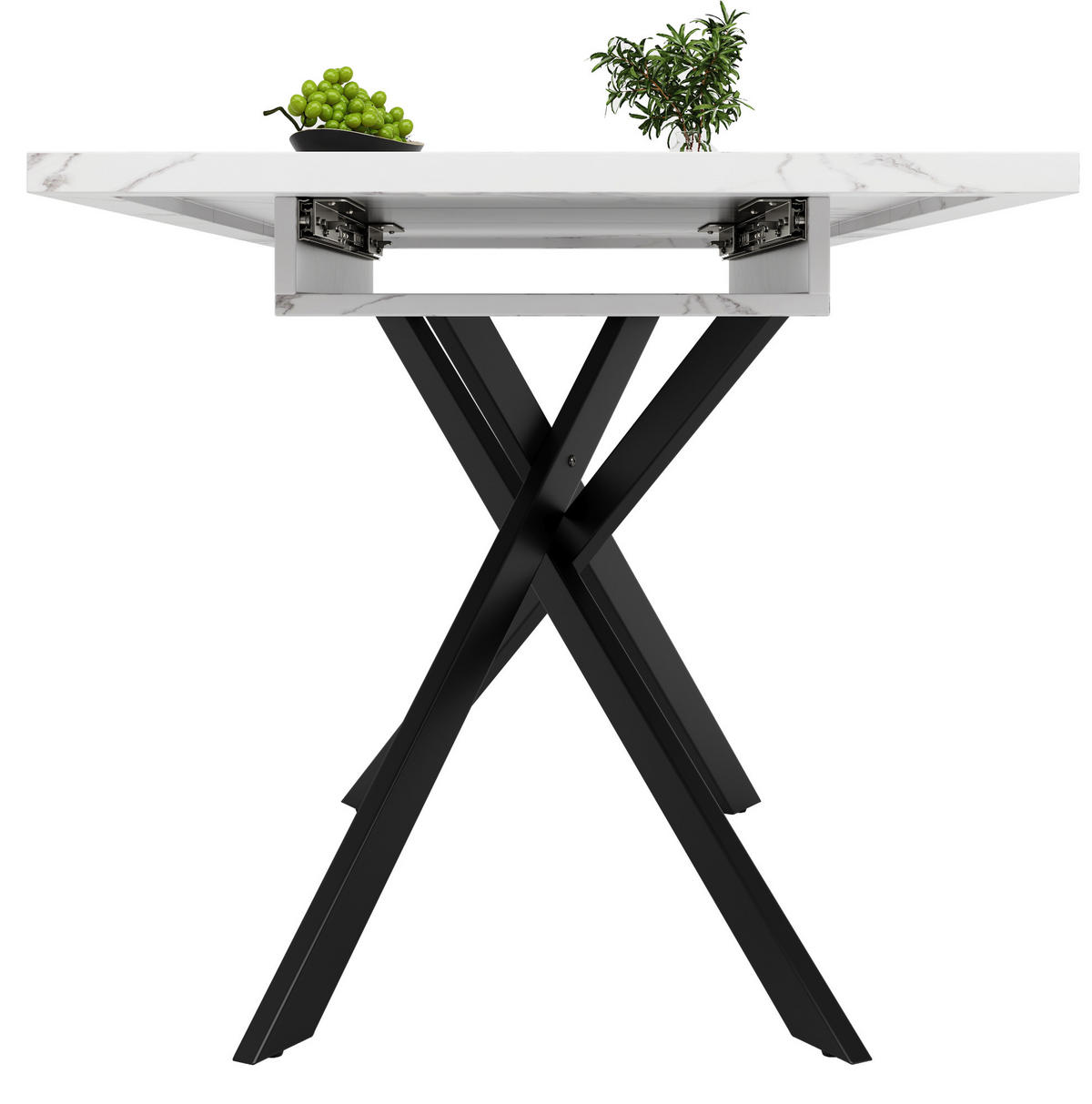 ESSTISCH 120-160x80x77 cm in Weiß und Schwarz aus MDF mit Marmoroptik auf Metall-Kreuzbeinen ausziehbar - Weiß, Holzwerkstoff (160/80/76.5cm) - Modfu