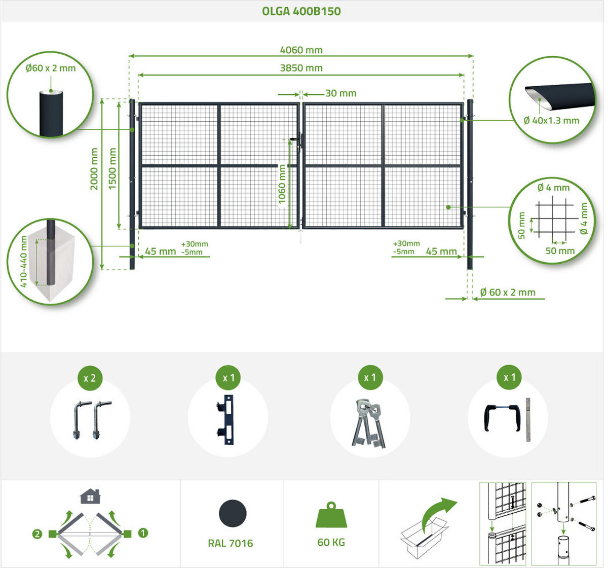 ZAUNTOR Olga Grau 4m H.150cm - Grau, Metall (406/156cm) - Casanoov