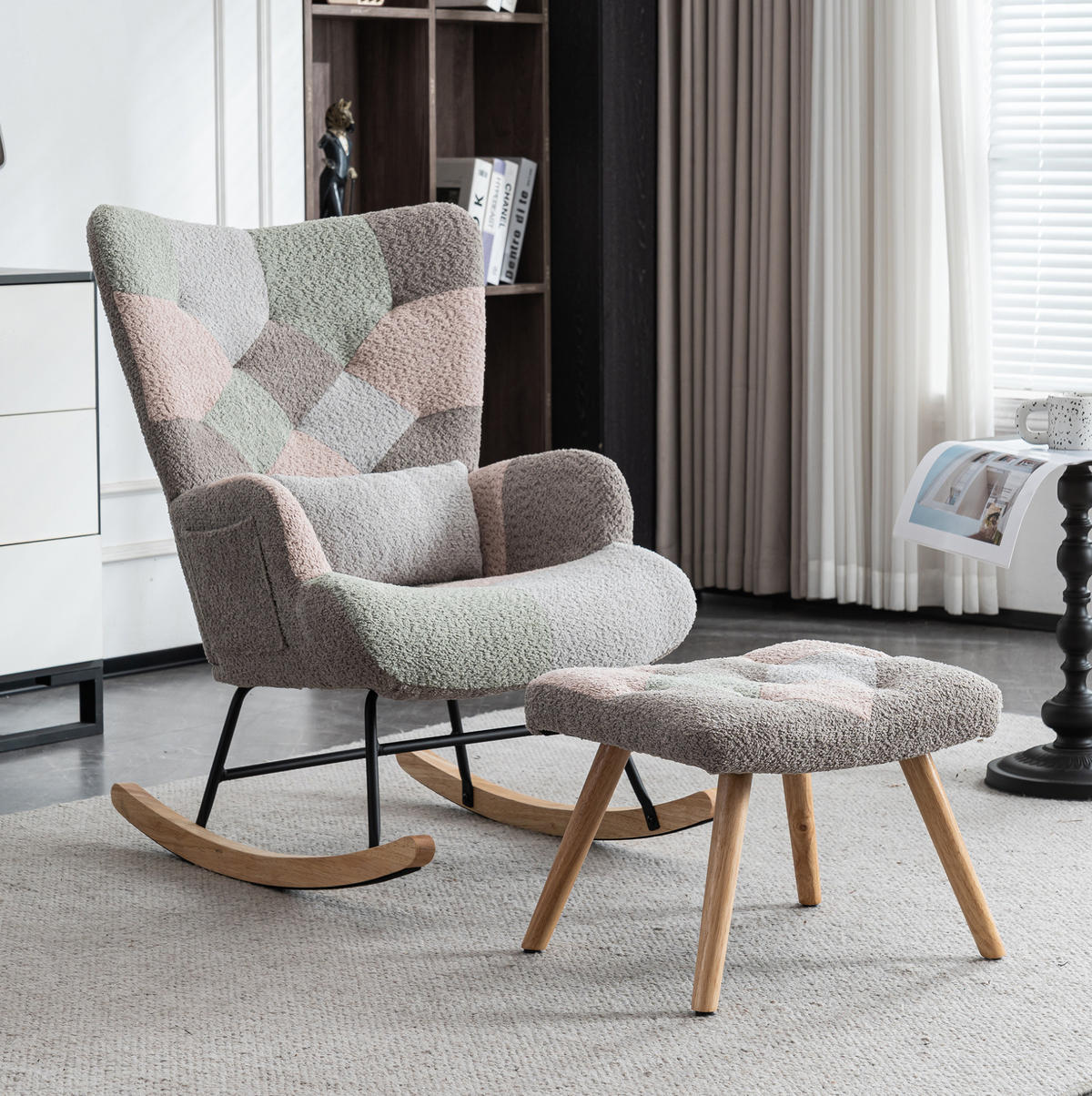 SCHAUKELSTUHL 93 cm bunt mit Fußhocker und Lendenkissen, Bezug aus Samt - Multicolor, Textil (83/91/68cm) - Flora Grace