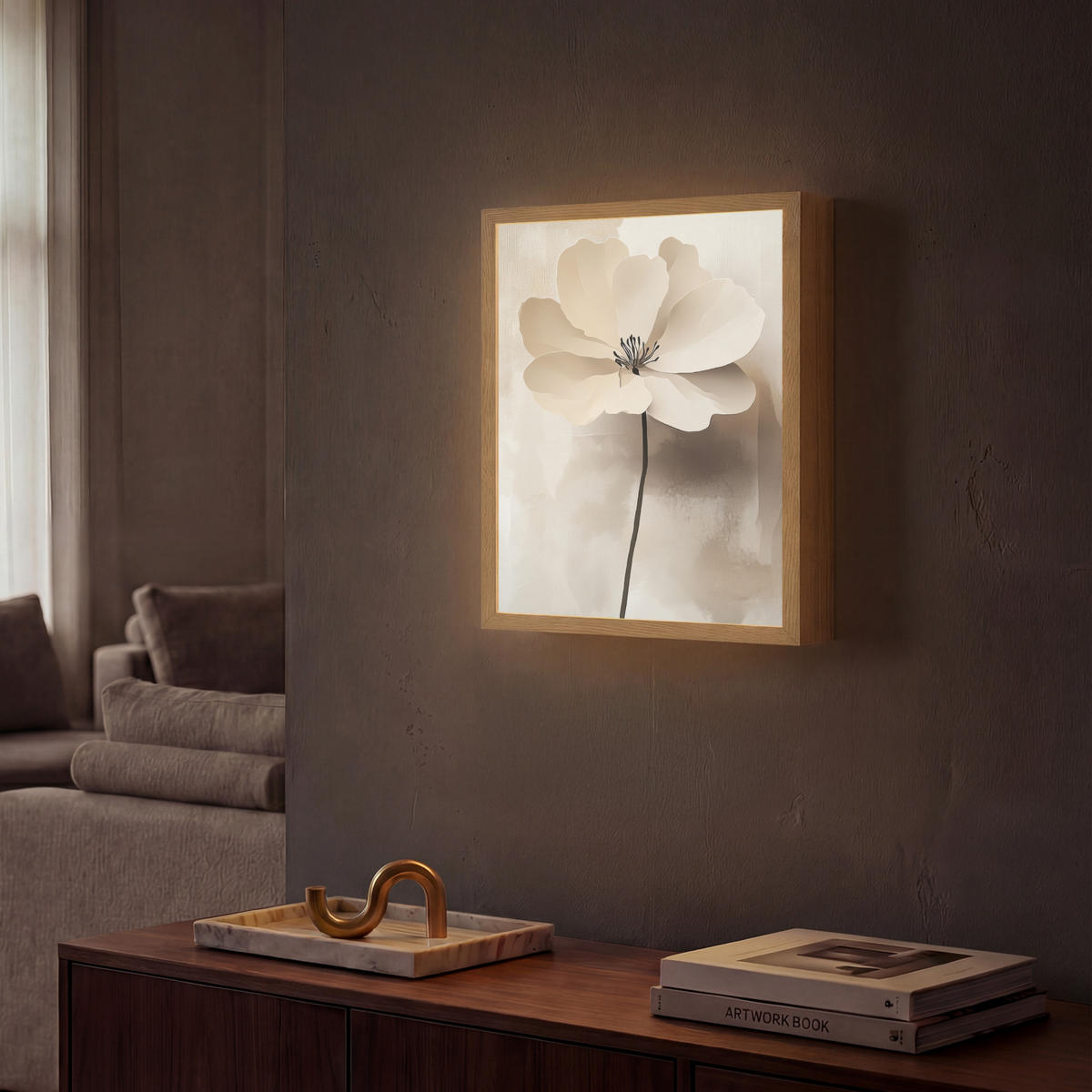 NÁSTĚNNÁ LAMPA S AKUMULÁTOREM Květina - béžová - barva - stín 30x40 cm - béžová, kompozitní dřevo (30/40/8cm) - OnlyWow