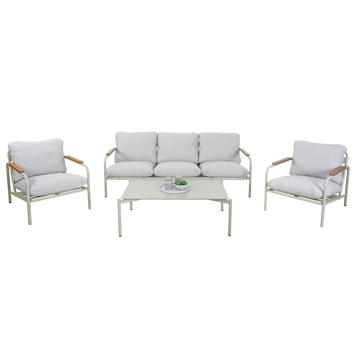 GARTENGARNITUR Hellgrün, Beige 1x 3-Sitzer Gartenbank, 2x Sessel und 1x Tisch-Set - Beige/Hellgrün, Metall - MCW