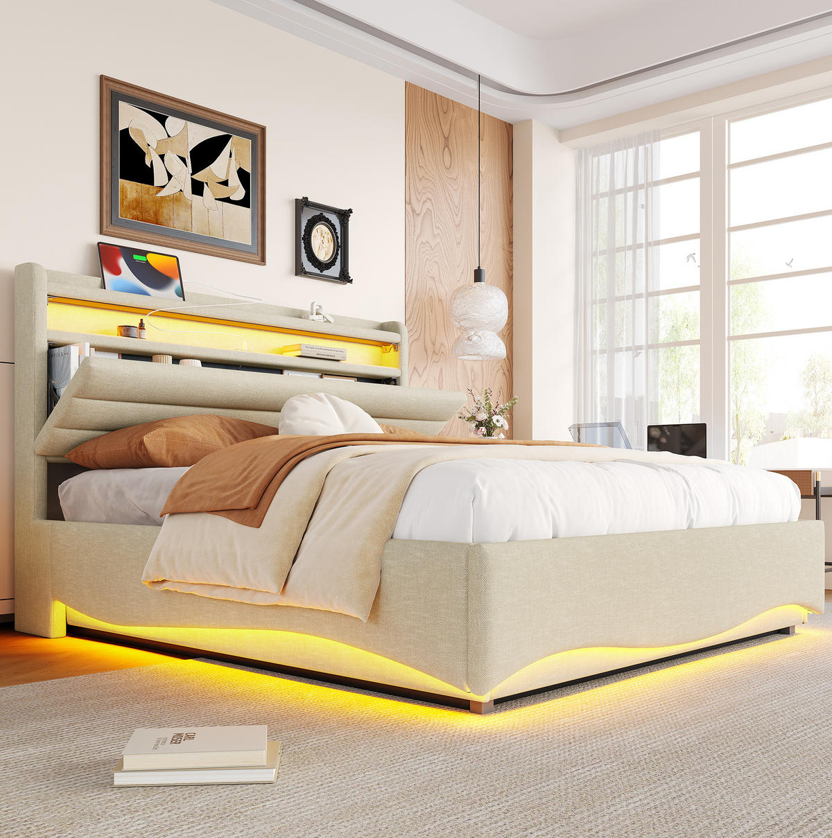 POLSTERBETT 140/200 cm mit LED-Beleuchtung und Bettkasten, Leinenbezug Grau - Grau, Textil (140/200cm) - BEAOK