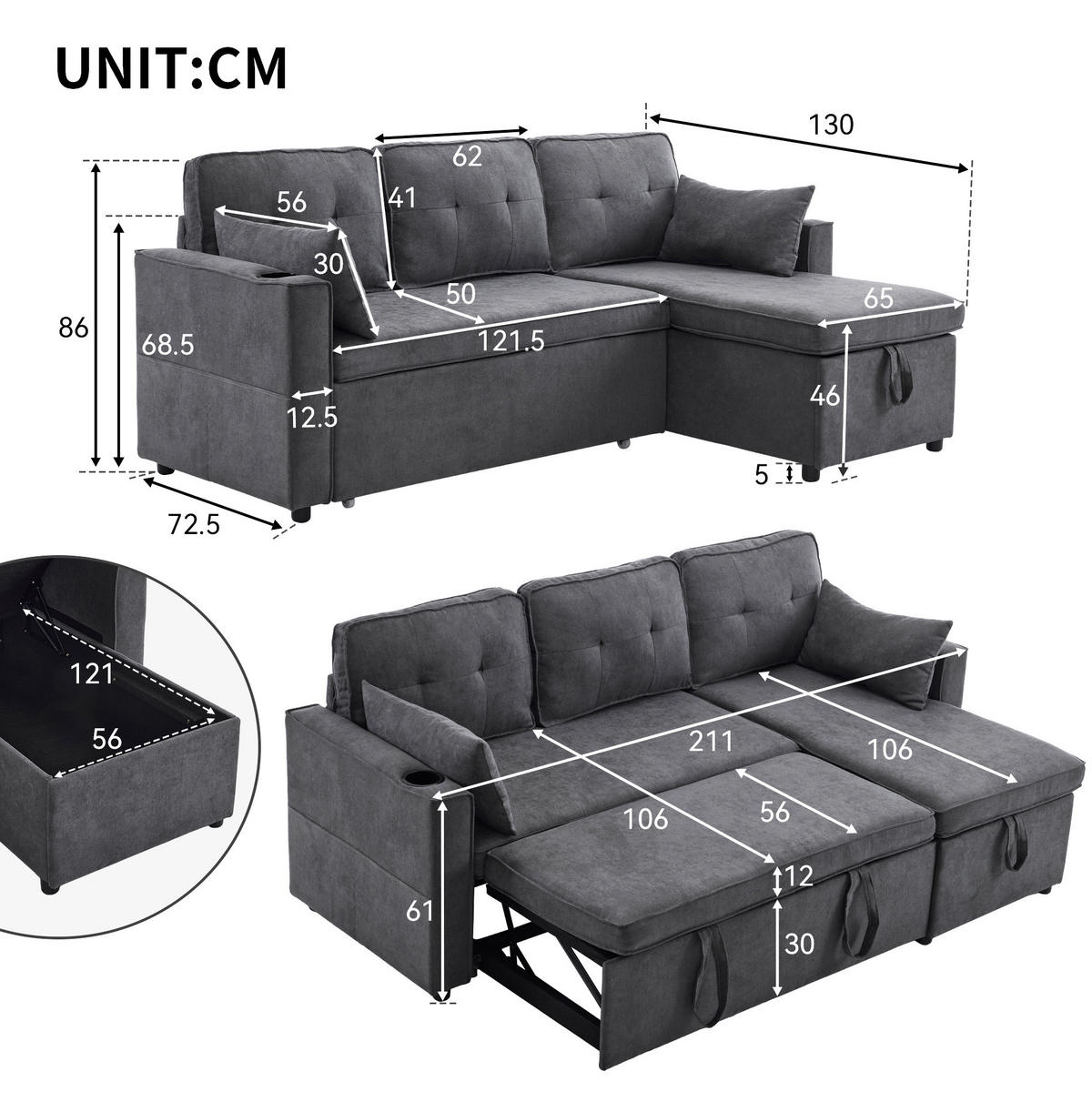 SCHLAFSOFA Baumwolle/Leinen mit Stauraum & Getränkehalter, 211/130/86 cm, Grau - Grau, Textil (130/86/211cm) - Redom