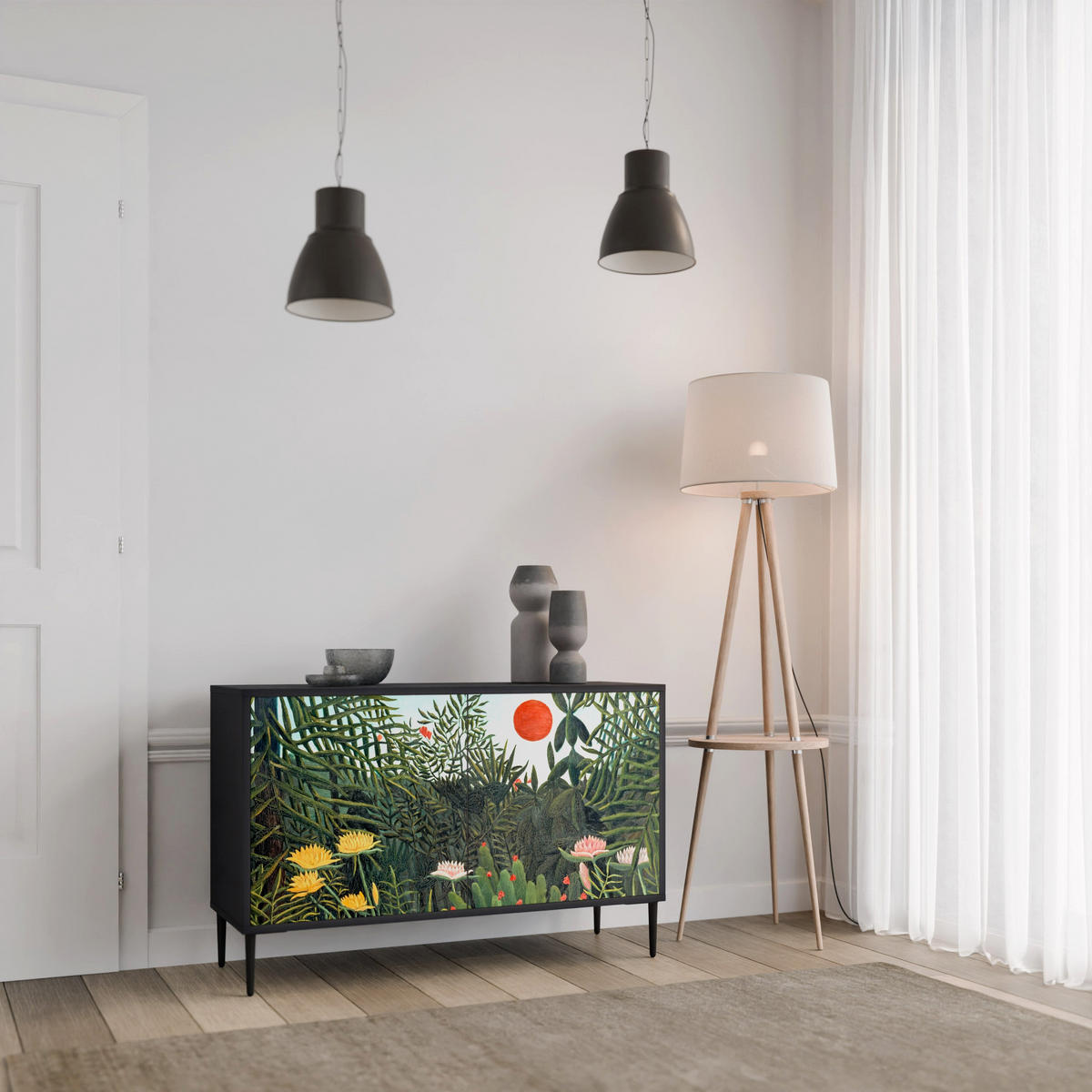 SIDEBOARD VIRGIN FOREST WITH SUNSET, Eicheneffekt, 111x42x77,5 cm, 2 Türen - Eichefarben/Buchefarben, Holzwerkstoff/Buchenholz (111/77.5/42cm) - SpaceRebels