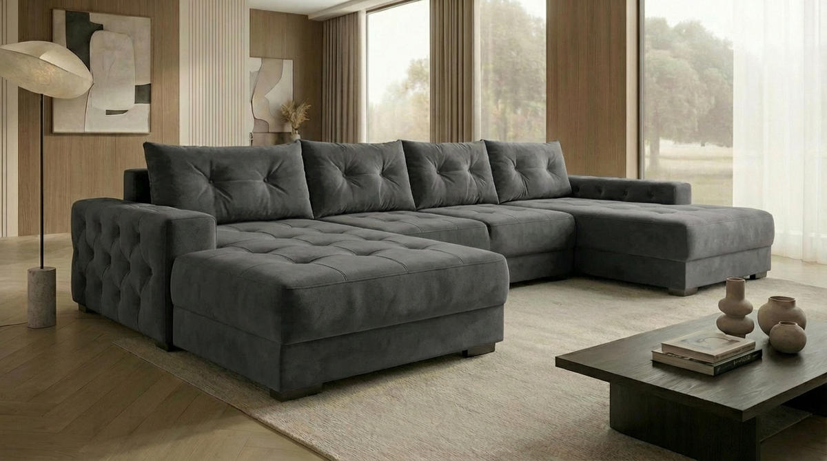 ECKSOFA MODENA 320 cm x 185 cm – Stoff: CASABLANCA Graphit 15 Farbe: Dunkelgrau - Dunkelgrau, Textil (320/185cm) - A&J MöbelLand