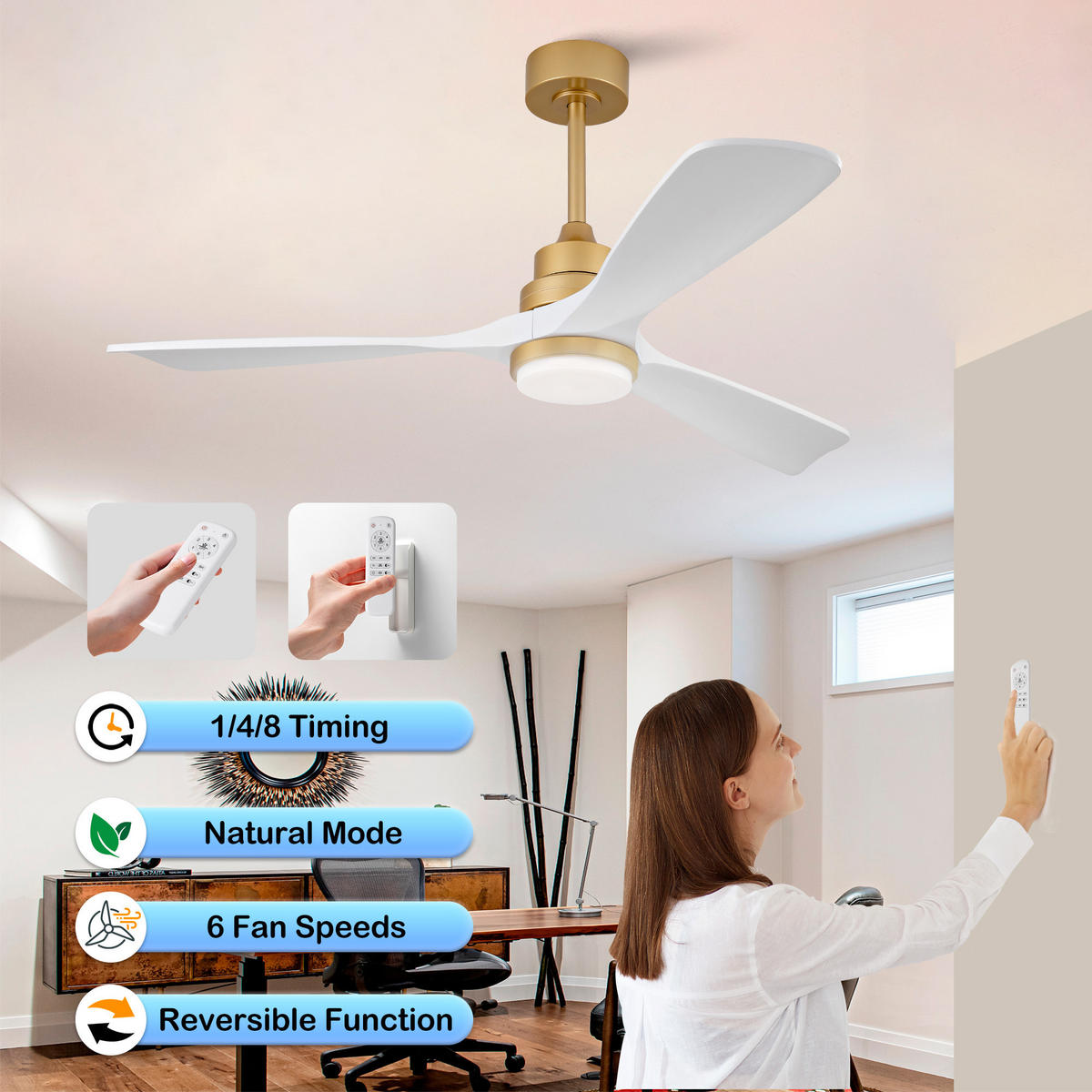 DECKENVENTILATOR DE-16253 52 Zoll mit Massivholzflügeln & Fernbedienung Weiß-Gold - Weiß, Holz/Metall (132/132/40cm) - ComfortXL