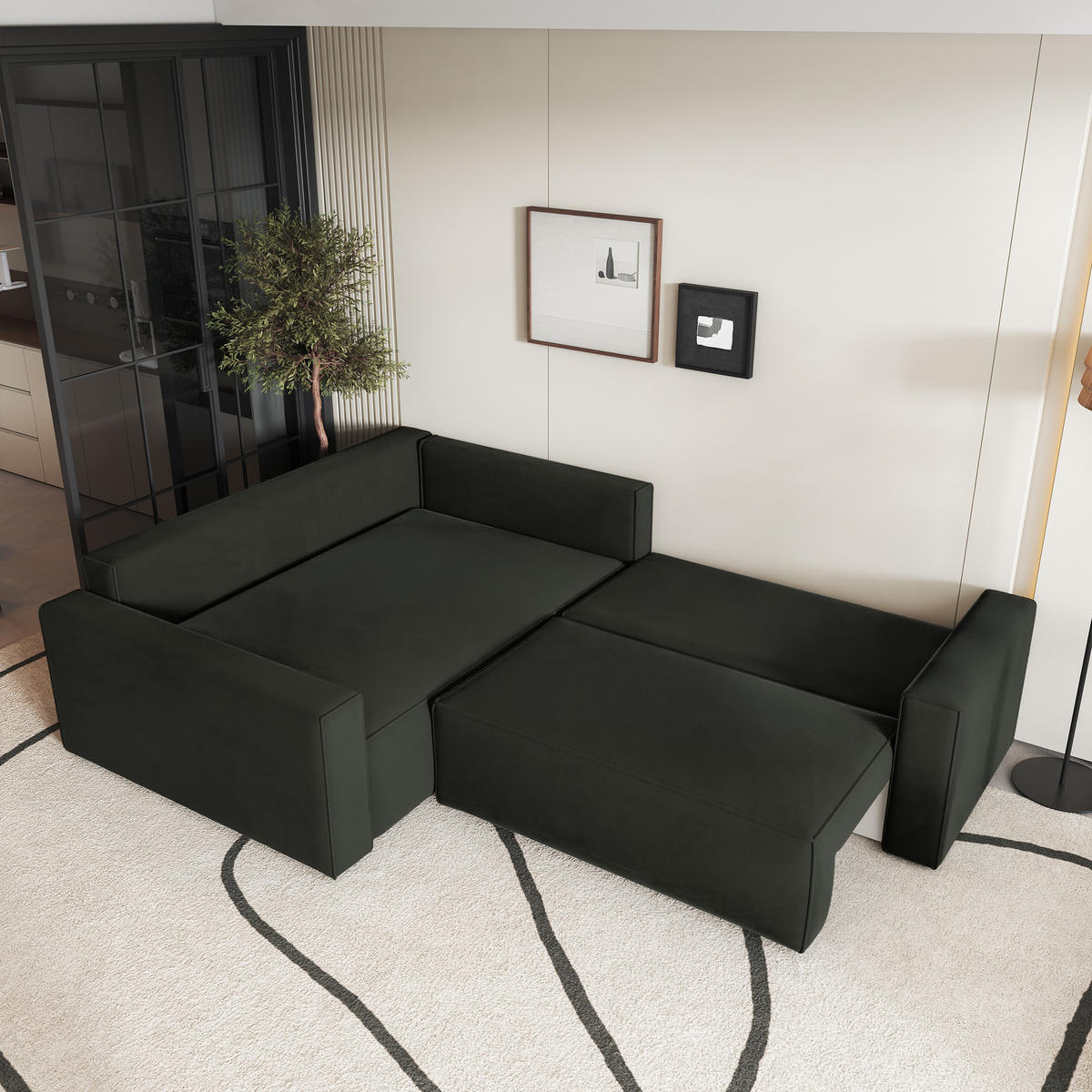 ECKSOFA ERONIS L-S Schwarz Velours-Stoff mit Schlaffunktion - Schwarz, Holz (265/194cm) - MASSENO