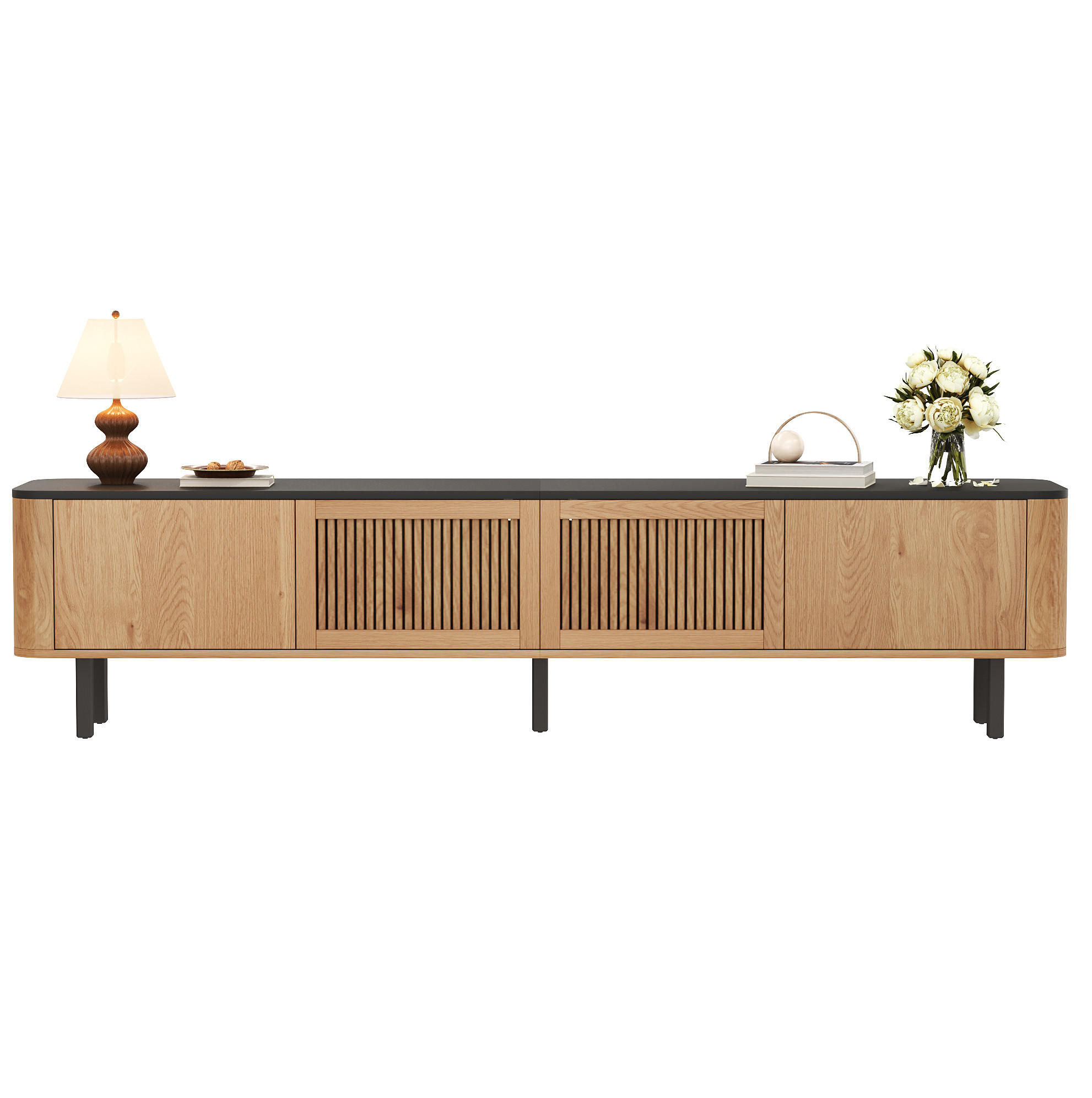 TV ormarić od MDF-a i iverice 190x35x45 cm hrast s rešetkastim vratima, pretincima i metalnim nogama - smeđa, drvni materijal (190/45/35cm) - Modfu