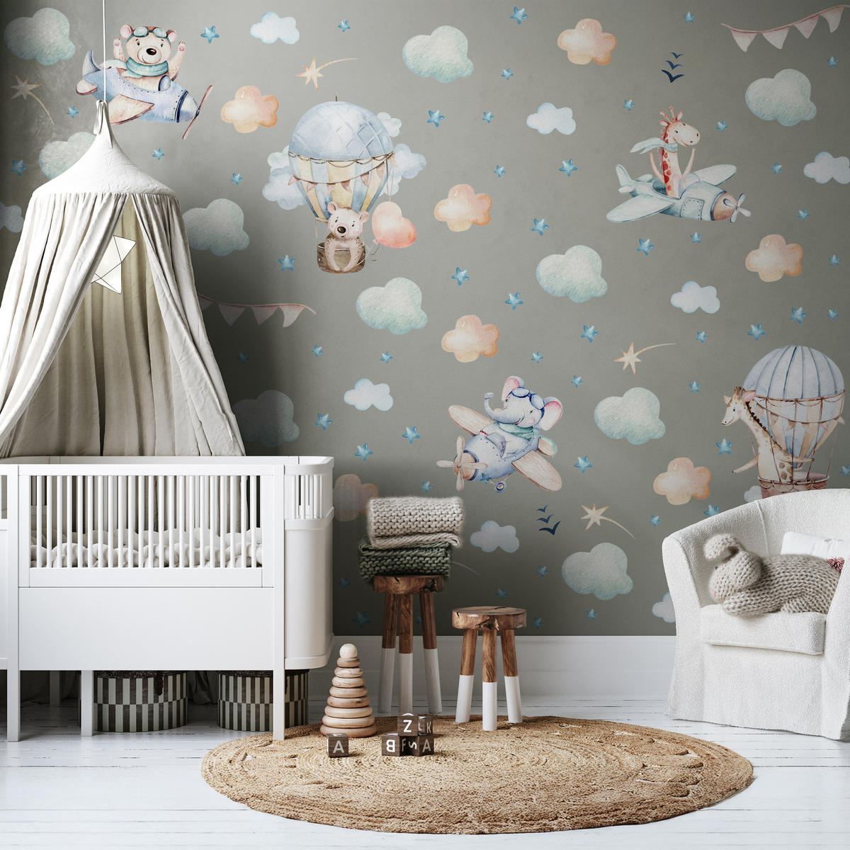 WANDAUFKLEBER SET für Kinder Tiere Wolken Flugzeuge Sterne 60x30 - Gelb/Beige, Papier (60/30/1cm) - Muralo