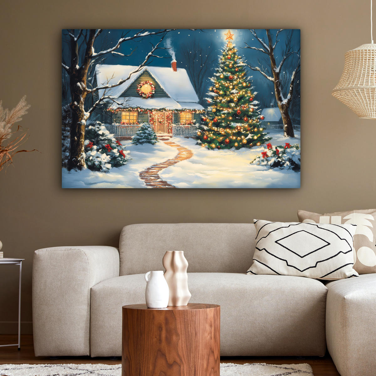 LEINWANDBILD Weihnachten - Weihnachtsbaum - Winter - Zuhause - Schnee Groß 140x90 cm - Smaragdgrün, Textil (140/90cm) - MuchoWow