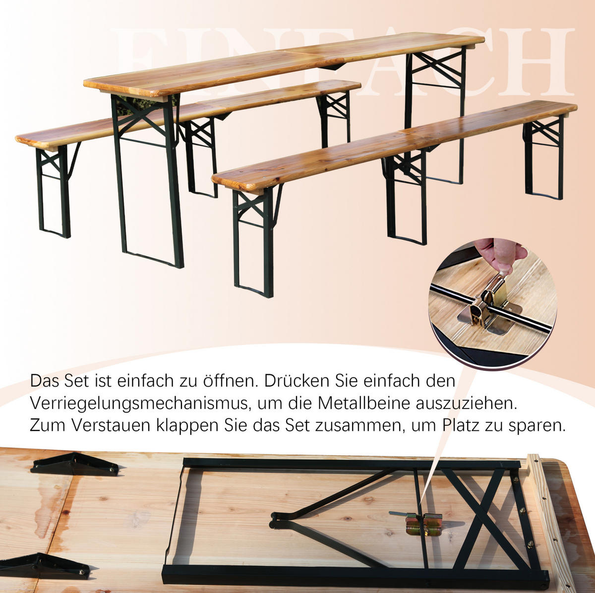 BIERZELTGARNITUR 220/50/78 cm klappbar, 3-teilig und wetterbeständig, Holzfarbe - Naturfarben, Metall - Redom