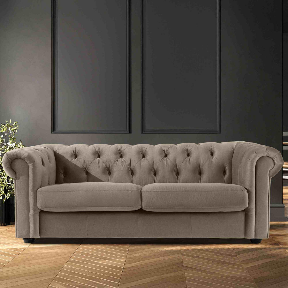 3-SITZER-SOFA GRAVO Chesterfield, Velours - Wengefarben/Beige, Leder/Holz (202/72/95cm) - KONSIMO®