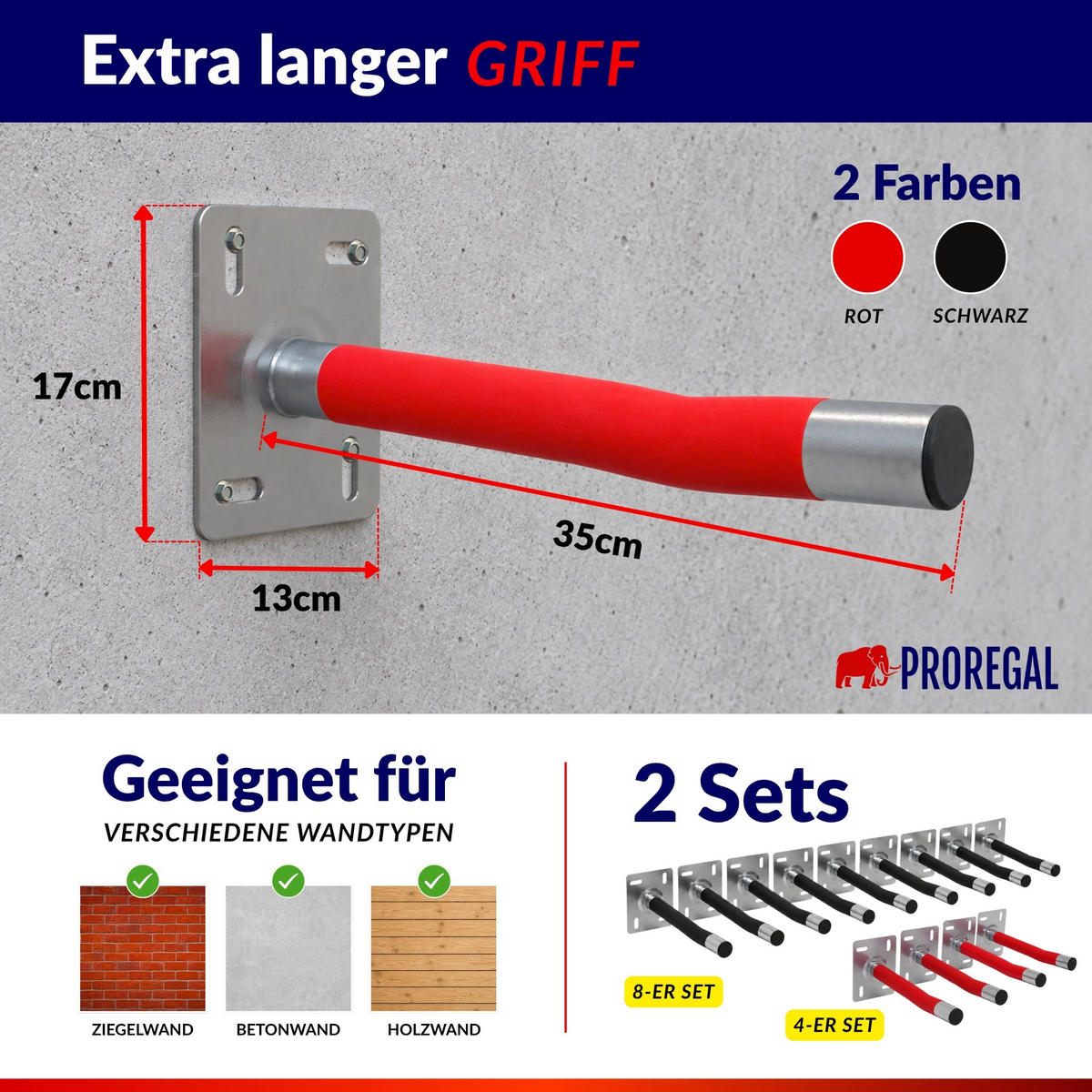 AUTOREIFEN-WANDHALTER PREX PRO 8er Reifen Set HxBxT 17x13x35 cm Traglast 35 kg Rot Set für Garage Zum Anschrauben mit hoher Qualität - Rot, Metall (35/13/9cm) - PROREGAL
