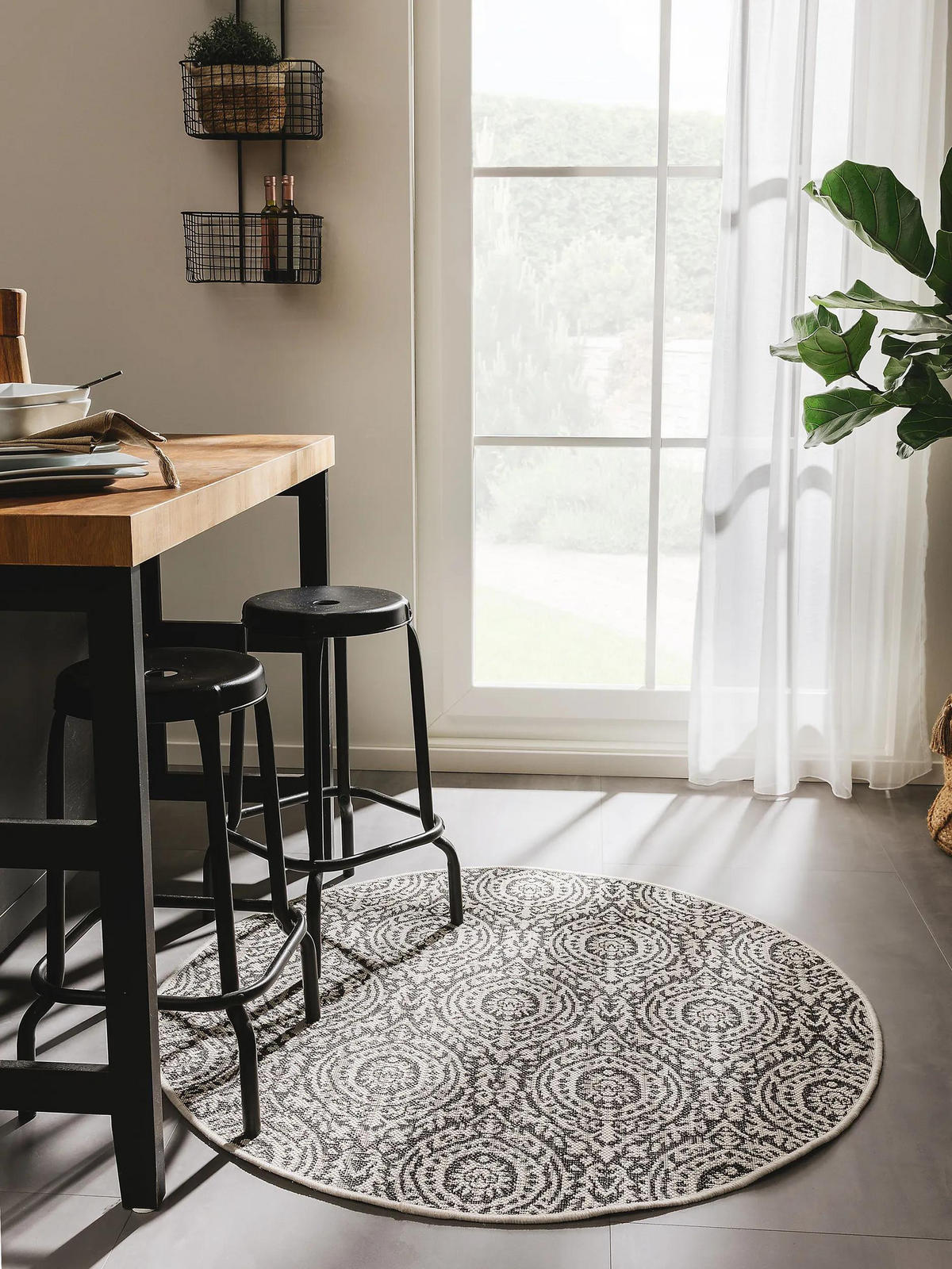 OUTDOORTEPPICH rund Cleo Weiß/Schwarz ø 120 cm rund - Weiß, Textil (120/120cm) - benuta Nest