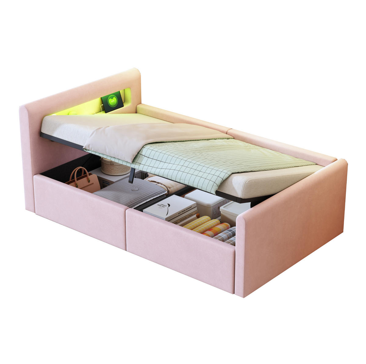 POLSTERBETT Kinderbett 90/200 cm Rosa mit LED-Beleuchtung und USB-Ladeanschluss - Rosa, Textil (90/200cm) - OKWISH