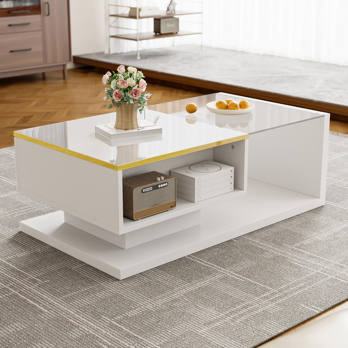 COUCHTISCH 90/50/32,5 cm mit Stauraum, Glasplatte, LED-Beleuchtung und Spanplatte, Weiß - Weiß, Holzwerkstoff (90/50/32.5cm) - Redom