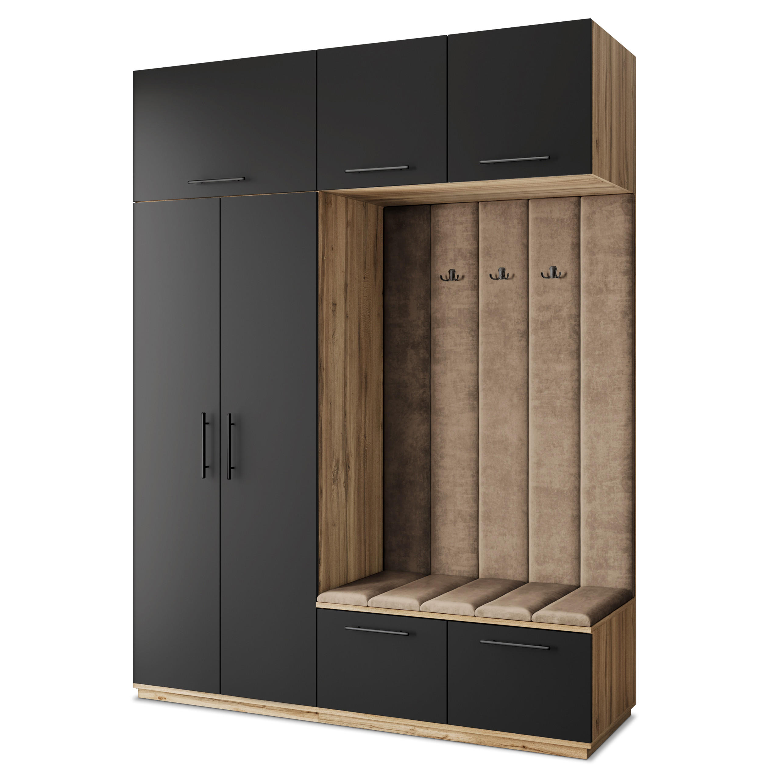 Masseno Garderobenschrank Eiche Wotan, Schwarz, Mokka 180x240x60 cm