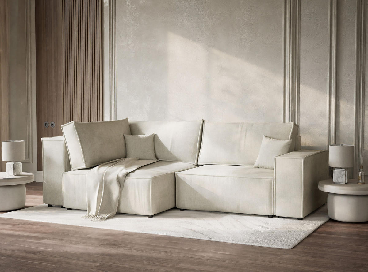 ECKSOFA MIT SCHLAFFUNKTION Tonga Creme Webstoff - Creme/Schwarz, Holz/Holzwerkstoff (105/225cm) - Maison de Reve