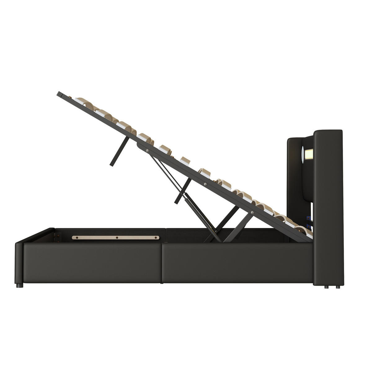POLSTERBETT mit Stauraum 160x200 cm PU-Leder Schwarz mit LED Bluetooth/USB - Schwarz, Metall (160/200cm) - Meubliv