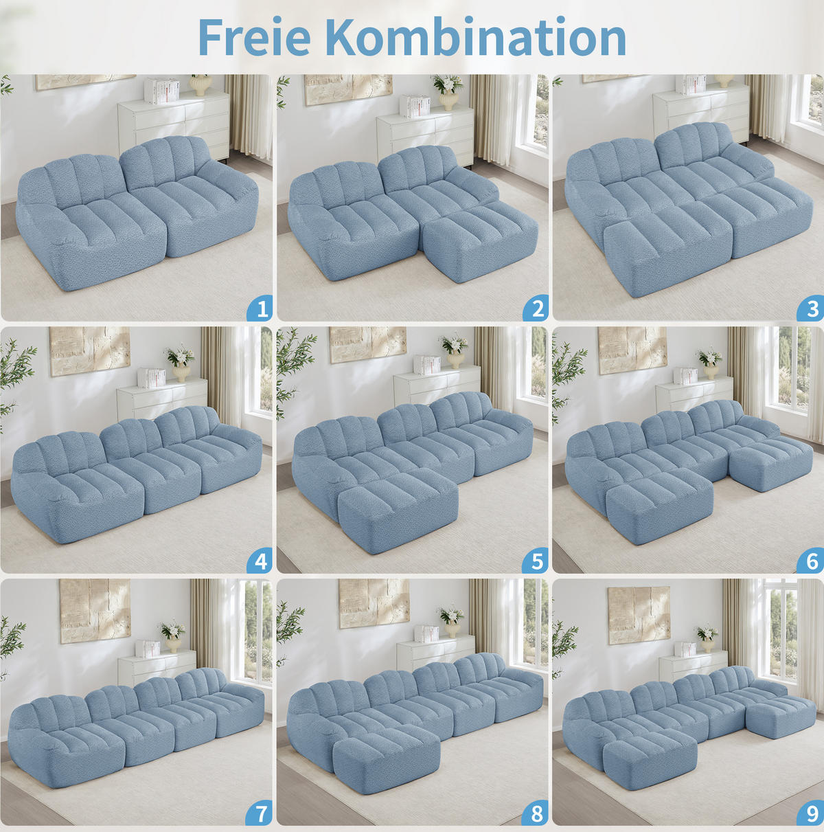 SOFA 210/165/79 cm in Blau aus Fleece mit Ottoman - Blau, Textil (165/79/210cm) - Flora Grace