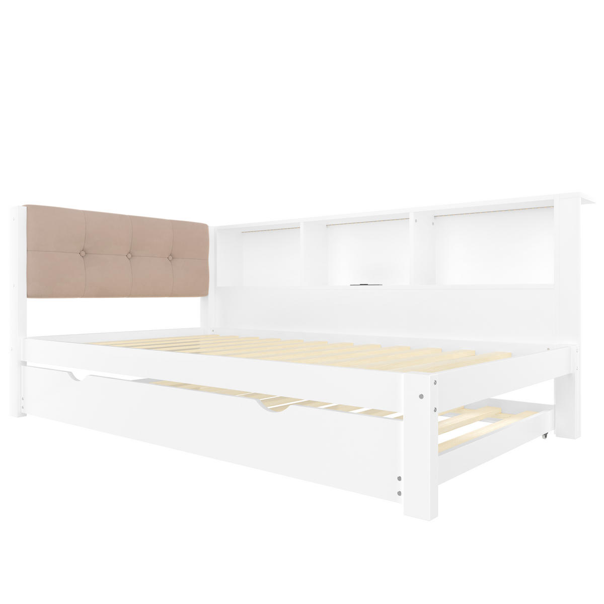 TAGEBETT 90x200cm Weiß Kiefer Ausziehbett LED-Leiste USB Regal - Weiß, Holz (90/200cm) - FLIEKS