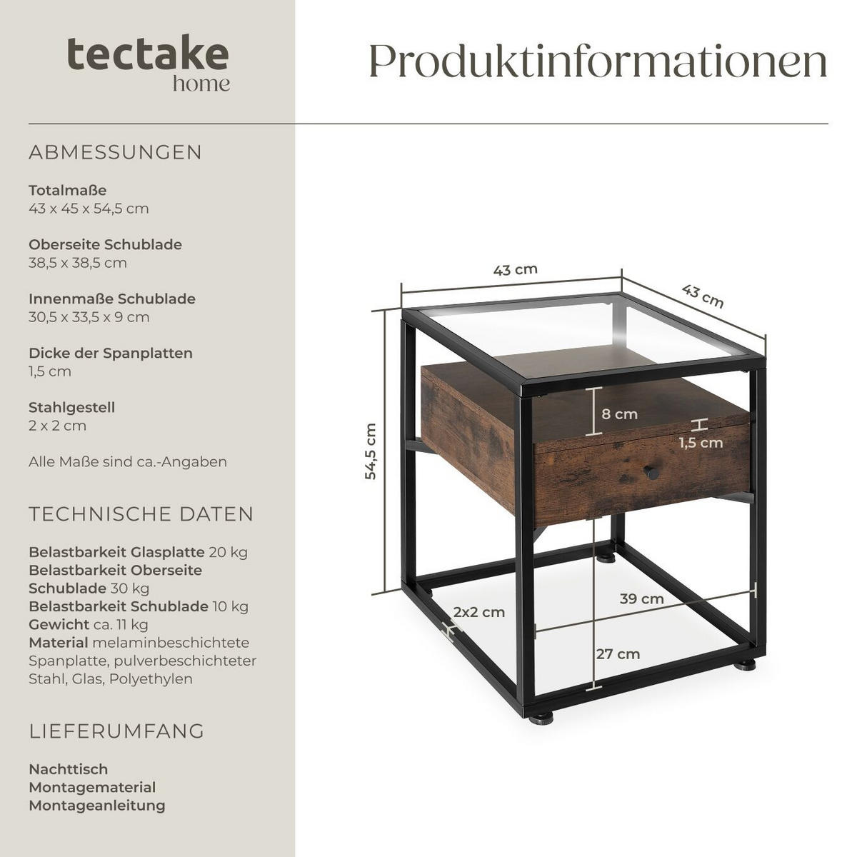 NACHTSCHRANK Preston, 43 x 45 x 54,5 cm, Industrial Holz dunkel, rustikal - Rostfarben, Holzwerkstoff (43/54.5/45cm) - tectake
