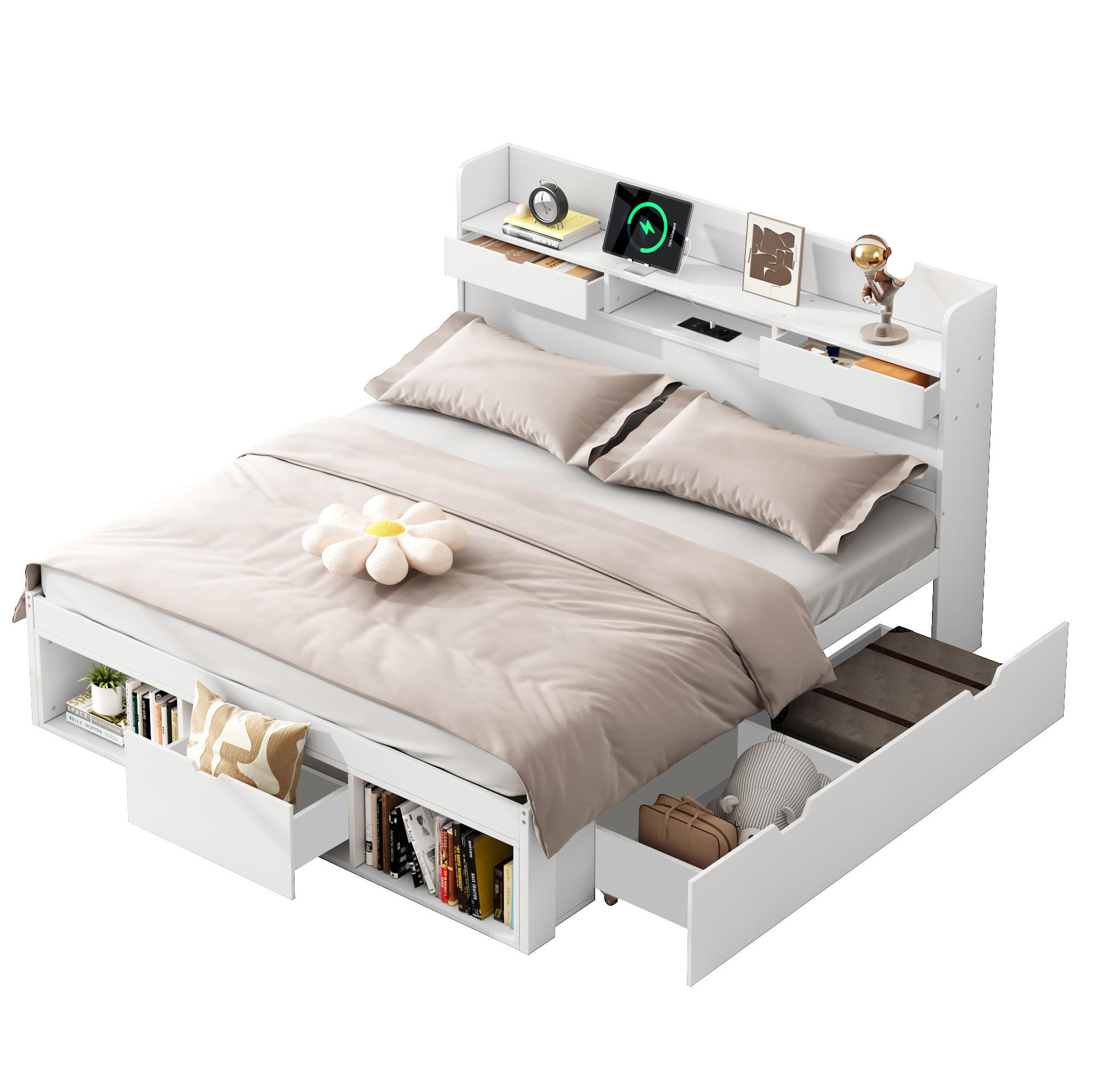 POLSTERBETT 140/190 cm Weiß mit Stauraum und USB- und Type-C-Anschlüssen - Weiß, Holz (140/190cm) - Flora Grace