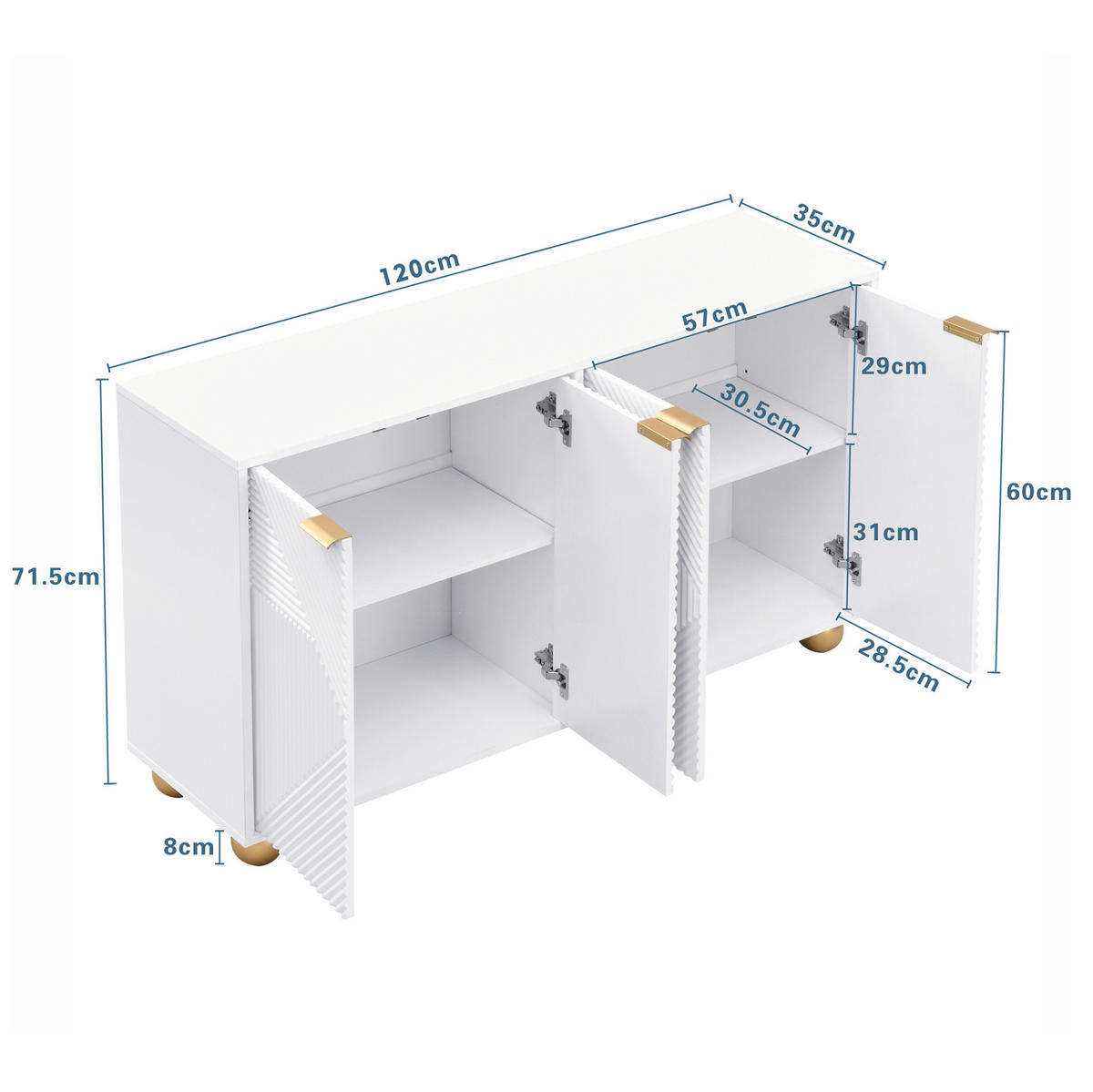 SIDEBOARD 120/35/71,5 cm in Weiß mit 4 Türen und verstellbaren Einlegeböden - Weiß, Holzwerkstoff (120/71.5/35cm) - Flora Grace