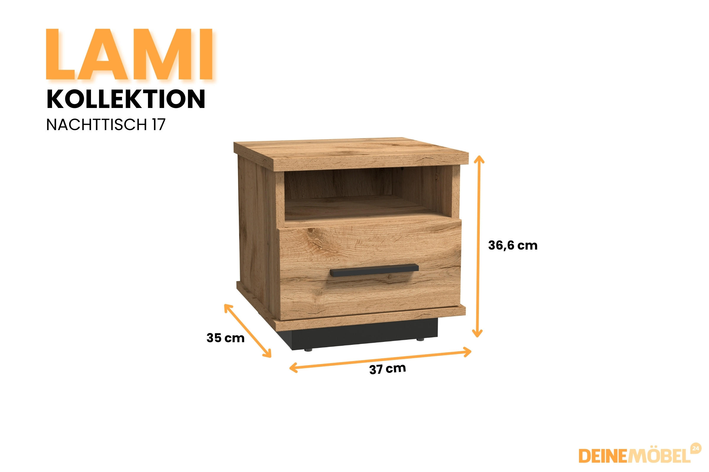 Thumbnail - Deine Möbel 24 Nachttisch, Eiche Wotan, Schwarz, Holzwerkstoff, 37x37x35 cm, Schlafzimmer, Nachttische