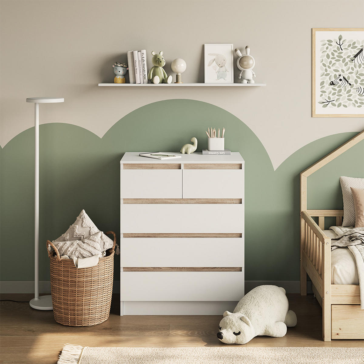 KOMODA ZA PRESVLAČENJE Emma Bijela-Sonoma 80 x 110.2 cm s 5 ladica - bijela/svijetlo smeđa, drvni materijal (80/110.2/76cm) - Vicco