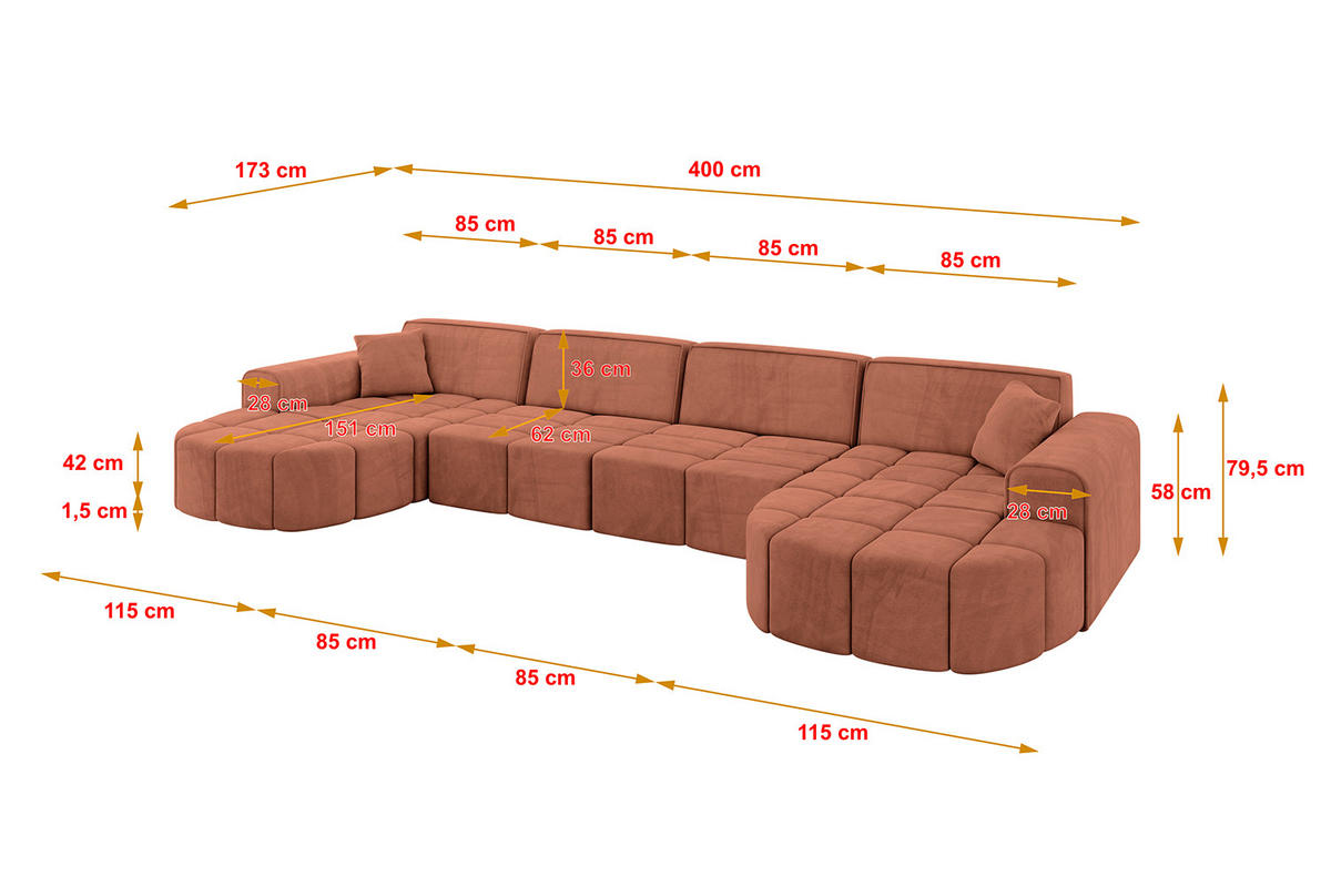 WOHNLANDSCHAFT LIVO-U2 - 400x173x79,5 cm Apricot - Koralle, Holzwerkstoff/Textil (400/79/173cm) - ALTDECOR