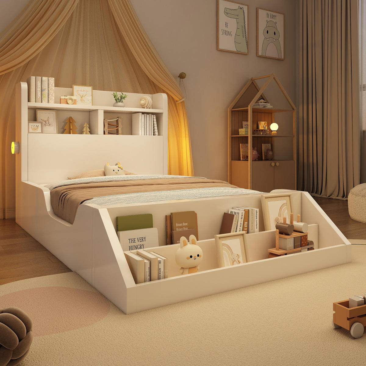 KINDERBETT 90/200 cm Weiß aus Massivholz mit Nachtlichtern und Ablagen - Weiß, Holzwerkstoff (90/200cm) - OKWISH
