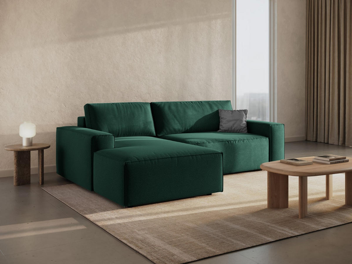 AUSKLAPPBARES-ECKSOFA links mit Container Jodie aus strukturiertem Stoff grün 3 Sitzplätze - Grün, Textil (246/151cm) - Micadoni