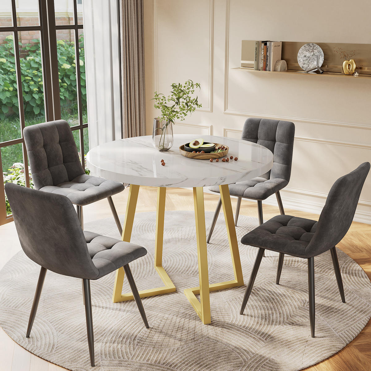 ESSGRUPPE 5-teilig rund Ø80 cm mit modernem Marmortisch & 4 Samtstühlen, elegantes Küchen- und Esszimmer Set, grau-weiß - Grau, Holzwerkstoff (80/75/80cm) - Luhomfu