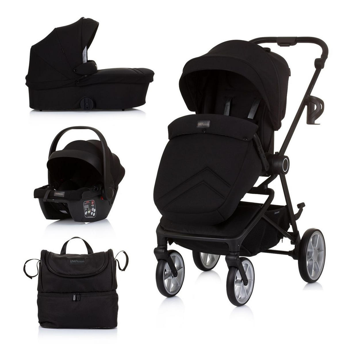 KOMBIKINDERWAGEN Linea 3 in 1 schwarz Sportsitz, i-Size Babyschale, Babywanne - Schwarz, Metall (98/58/116cm) - Chipolino