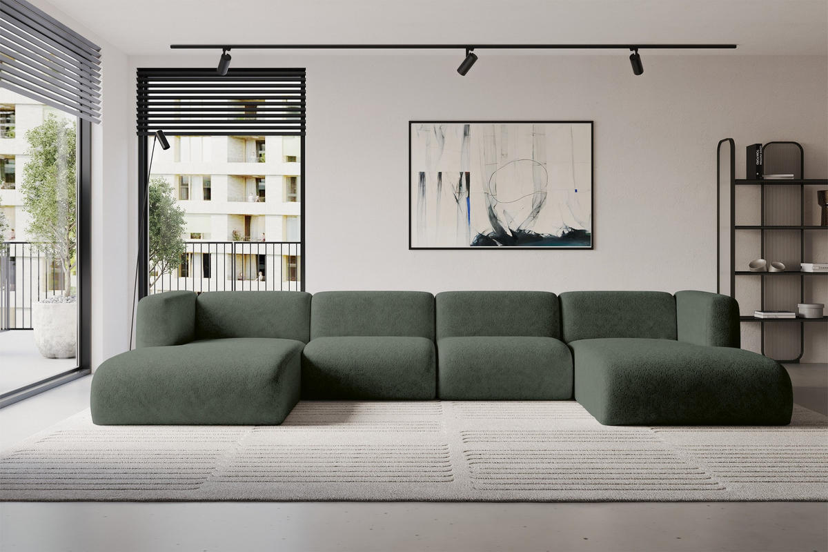 WOHNLANDSCHAFT MIRA-U2 408x179x70 Grün Velours - Schwarz/Grün, Holzwerkstoff/Kunststoff (408/70/179cm) - ALTDECOR