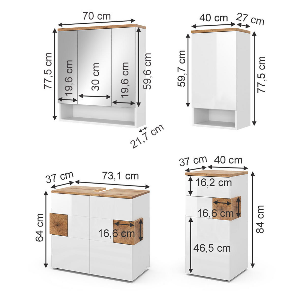 BADMÖBEL-SET Eden Weiß 4 Teile - Weiß/Eiche Artisan, Holzwerkstoff (73/64/37cm) - Vicco