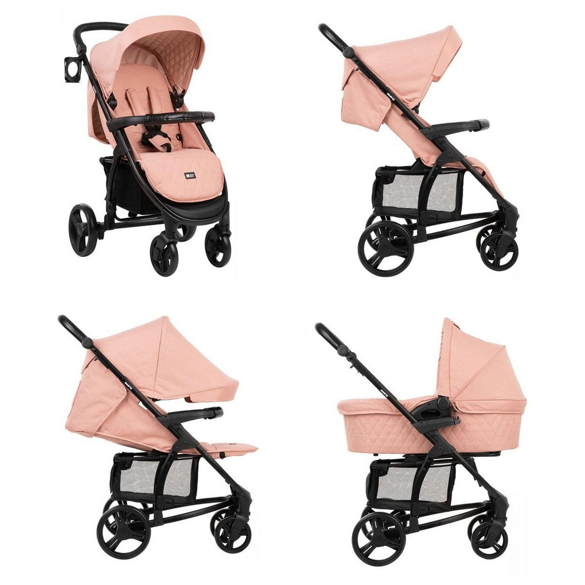 KOMBIKINDERWAGEN Madrid 3 in 1 rosa Babyschale, Babywanne, faltbar, Tasche - Pink/Rosa, Metall (107/58/70cm) - Kikka boo