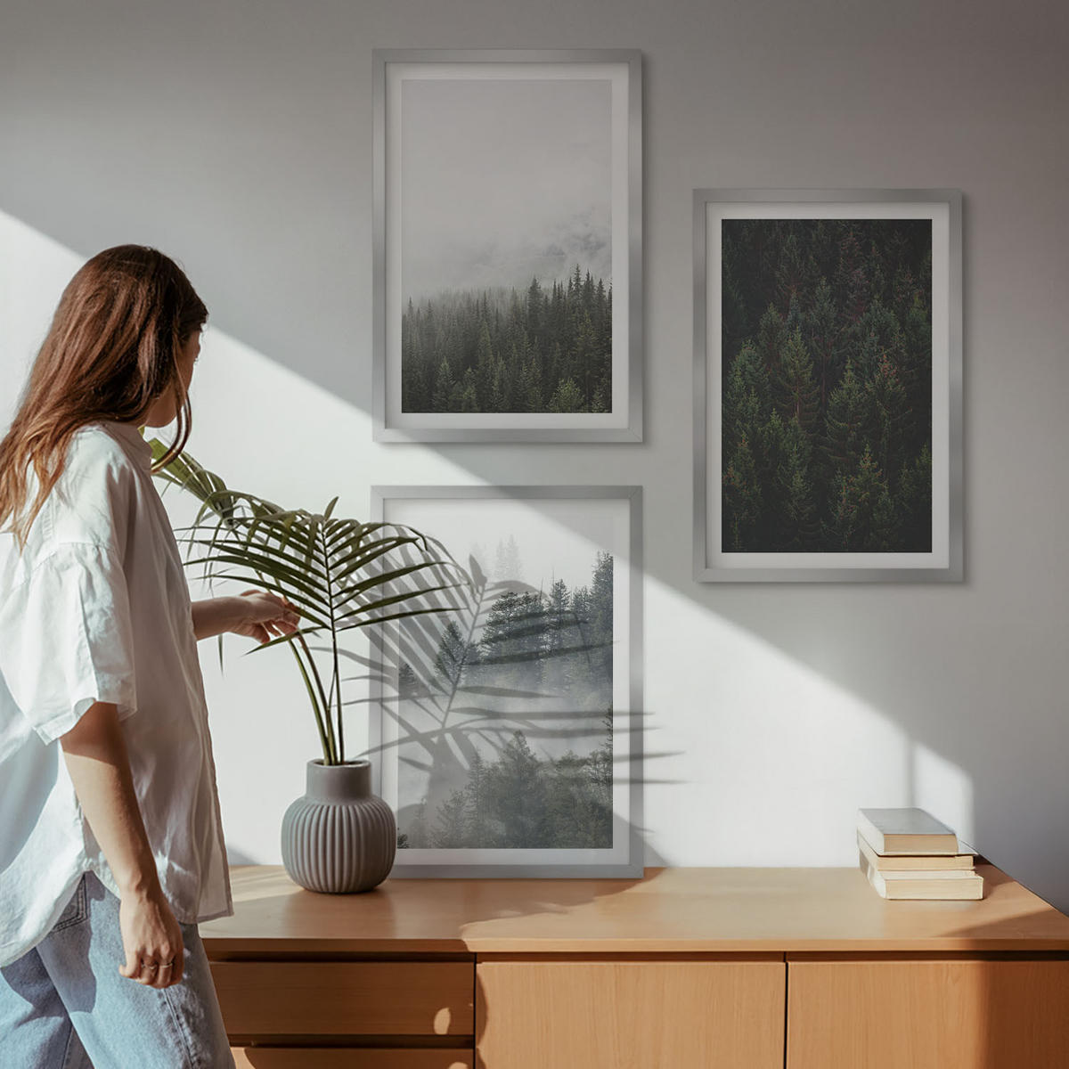 BILDER SET 3er Set - 40x60 cm Silberner Rahmen - Grüne Wälder Nebel Natur - Silberfarben, Kunststoff (40/60cm) - TULUP