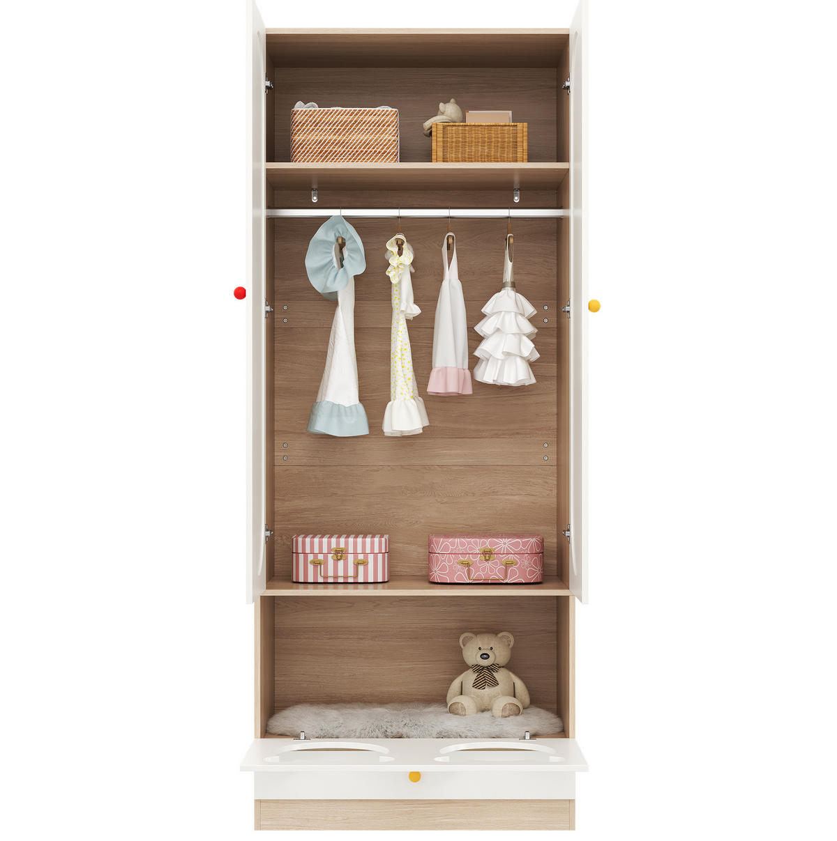 KINDERKLEIDERSCHRANK aus MDF 80x50x200 cm Natur/Weiß mit Kleiderstange, offenen Fächern und Haustierbereich - Naturfarben, Holzwerkstoff (80/200/50cm) - Modfu
