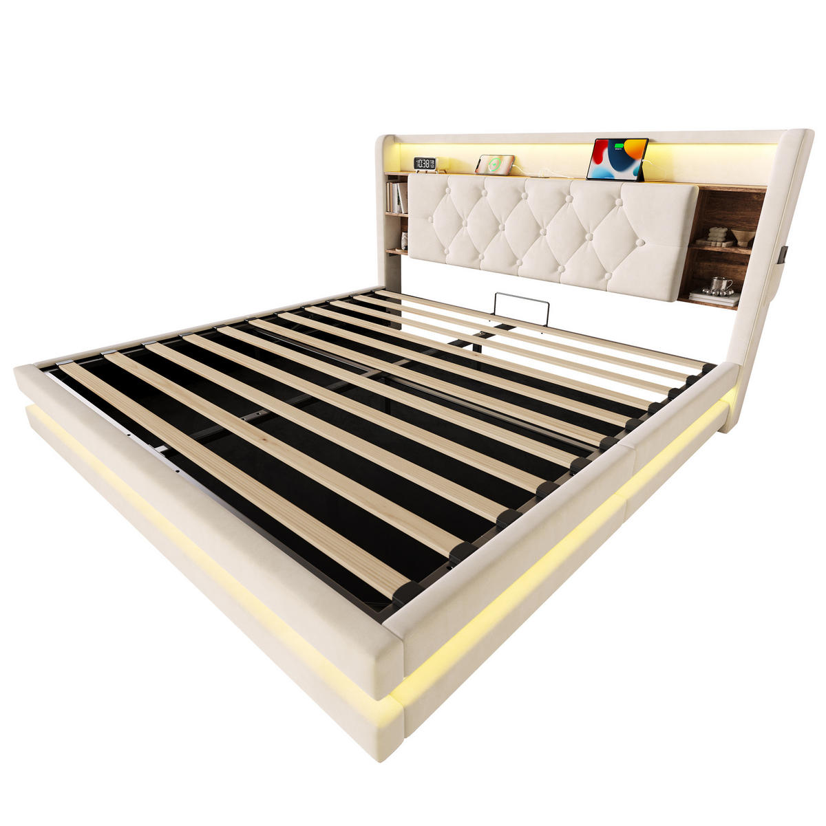 POLSTERBETT aus Samt 160x200 cm Beige mit Bettkasten, LED-Beleuchtung, USB- und Type-C-Anschlüssen - Beige, Textil (160/200cm) - Modfu